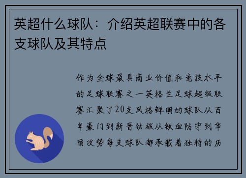 英超什么球队：介绍英超联赛中的各支球队及其特点